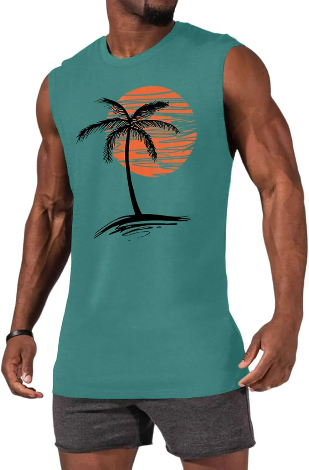 Mens Summer Beach Tank Top Tropical Hawaiian Palm Tree Print Sleeveless Shirts Muscle Tee Vacation Shirts