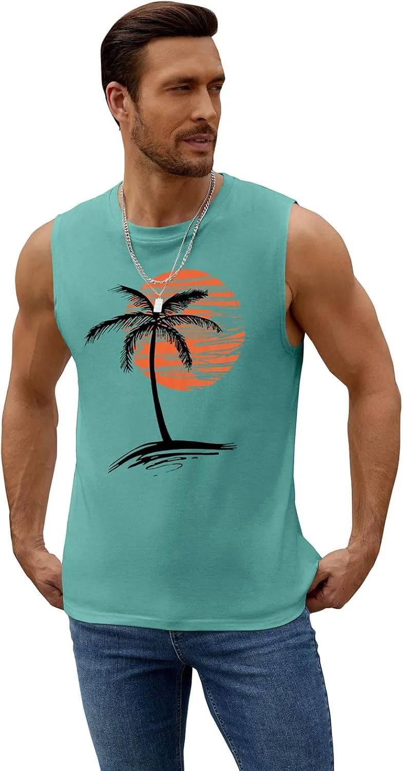 Mens Summer Beach Tank Top Tropical Hawaiian Palm Tree Print Sleeveless Shirts Muscle Tee Vacation Shirts