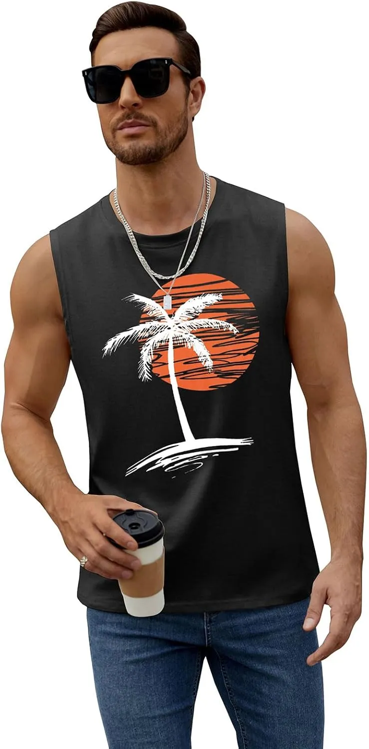 Mens Summer Beach Tank Top Tropical Hawaiian Palm Tree Print Sleeveless Shirts Muscle Tee Vacation Shirts