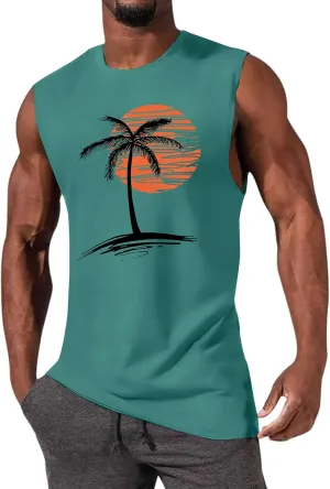 Mens Summer Beach Tank Top Tropical Hawaiian Palm Tree Print Sleeveless Shirts Muscle Tee Vacation Shirts