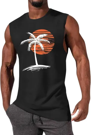 Mens Summer Beach Tank Top Tropical Hawaiian Palm Tree Print Sleeveless Shirts Muscle Tee Vacation Shirts