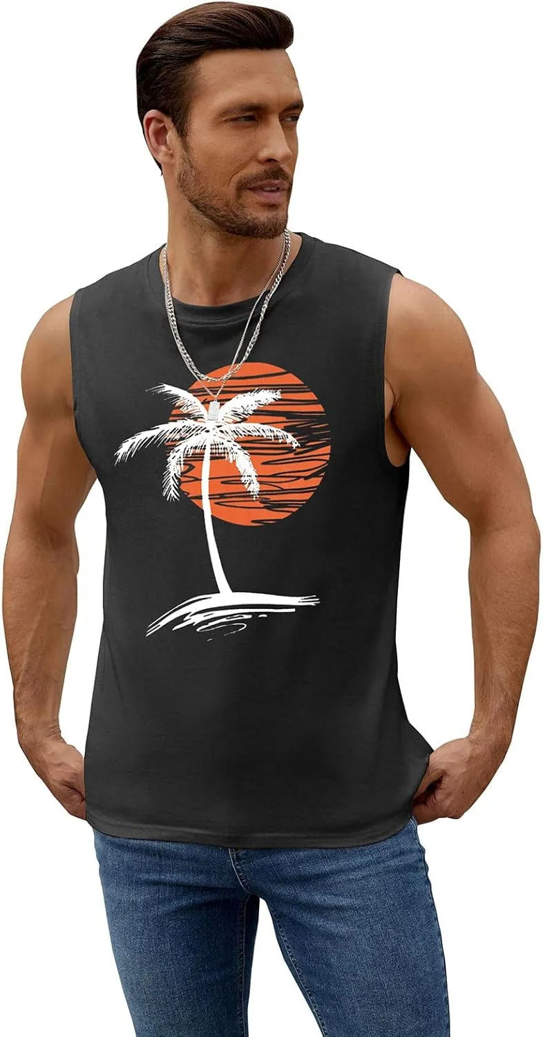 Mens Summer Beach Tank Top Tropical Hawaiian Palm Tree Print Sleeveless Shirts Muscle Tee Vacation Shirts