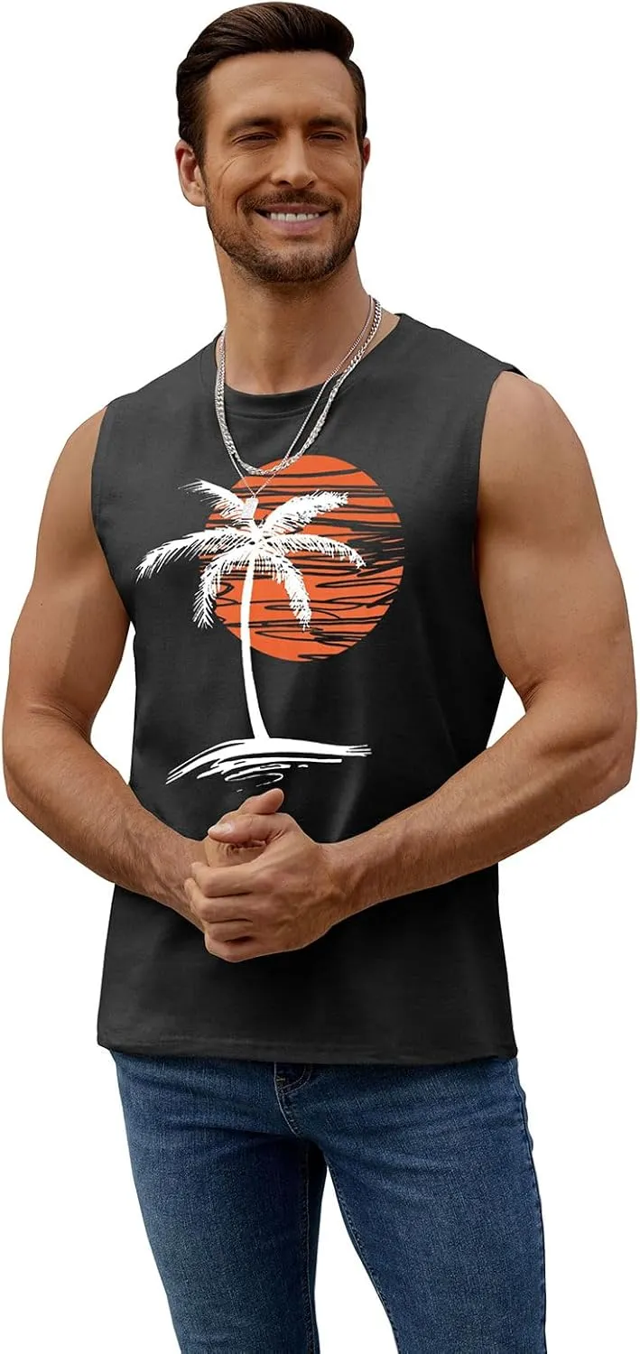 Mens Summer Beach Tank Top Tropical Hawaiian Palm Tree Print Sleeveless Shirts Muscle Tee Vacation Shirts