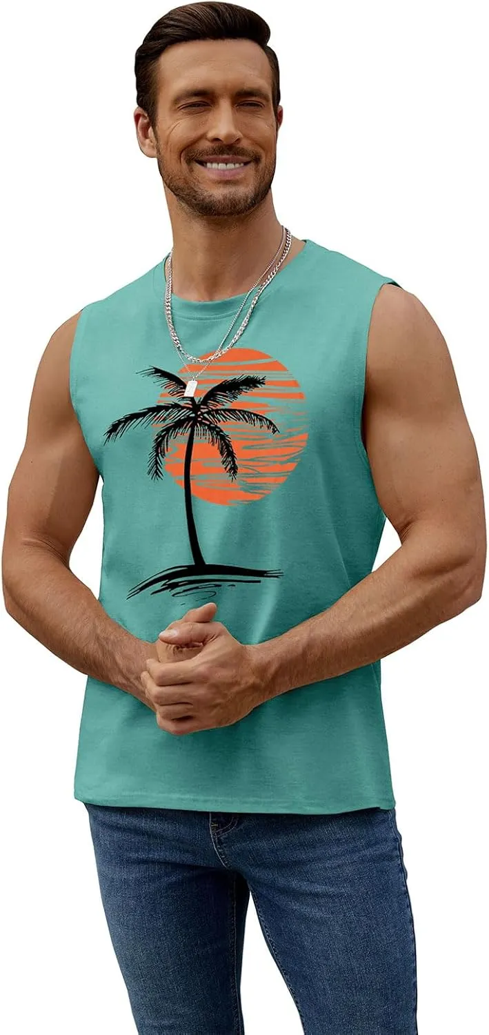 Mens Summer Beach Tank Top Tropical Hawaiian Palm Tree Print Sleeveless Shirts Muscle Tee Vacation Shirts