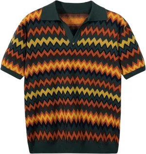 Milumia Men's Colorblock Chevron Print Collared V Neck Short Sleeve Sweater Tops