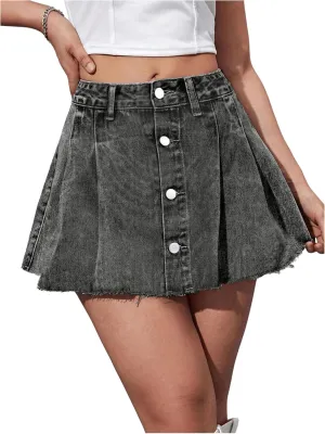 Milumia Women's Button Front Flared A Line Short Skirt Raw Hem Denim Skirts