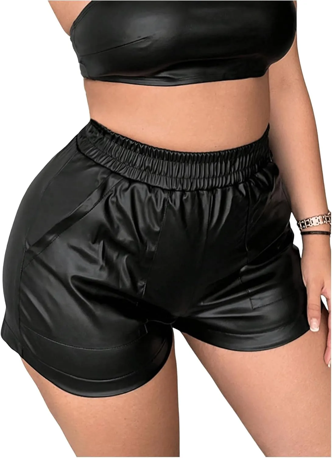 Milumia Women's PU Leather Elastic High Waisted Shorts Y2k Going Out Shorts with Pocket