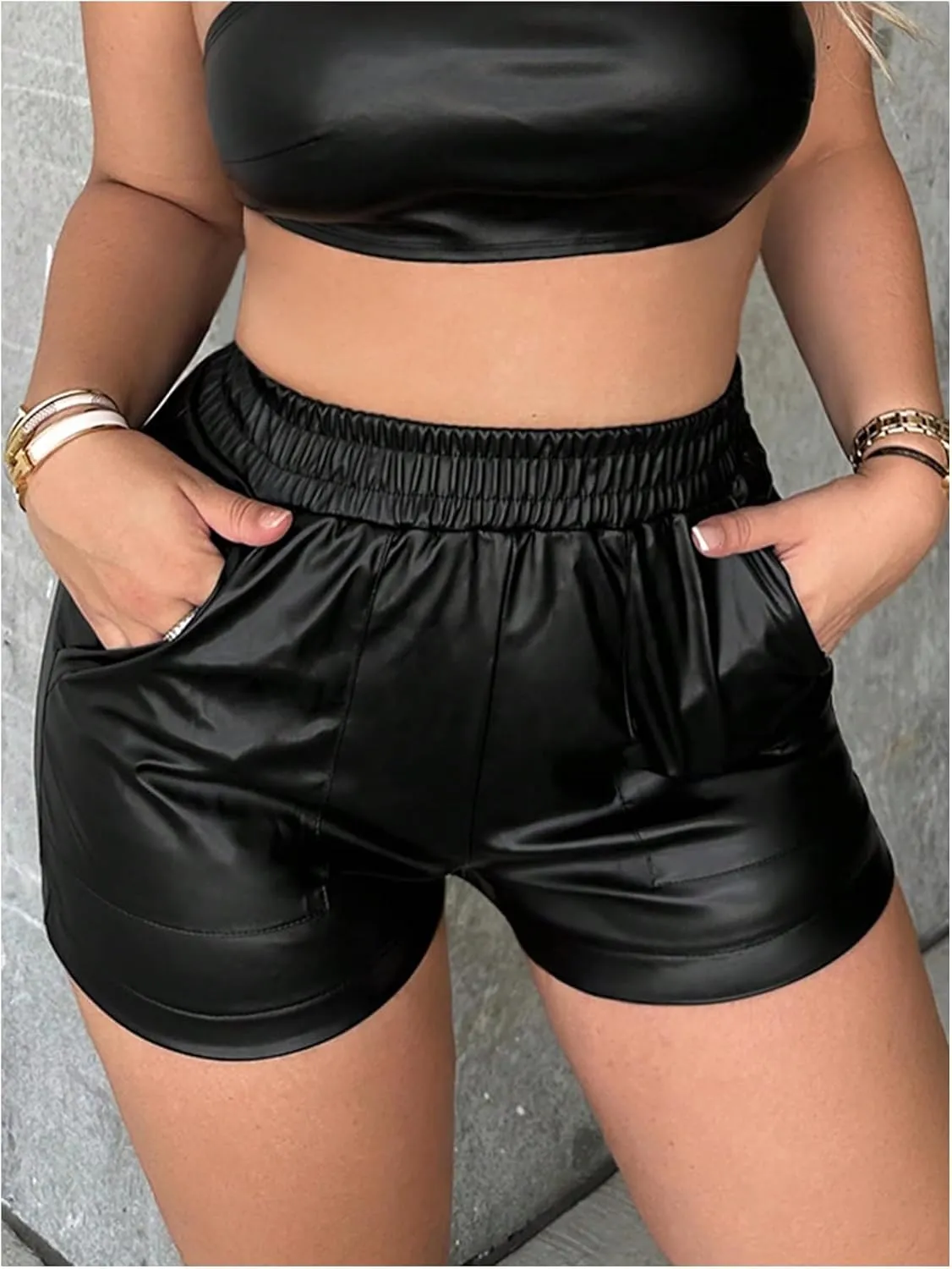 Milumia Women's PU Leather Elastic High Waisted Shorts Y2k Going Out Shorts with Pocket