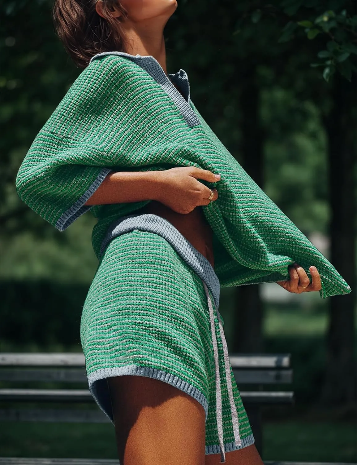 MISSACTIVER Women Sweater 2 Piece Outfits Striped Half Sleeve V Neck Knit Oversized Tops Shorts Matching Lounge Set