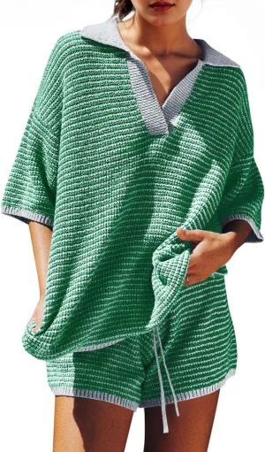 MISSACTIVER Women Sweater 2 Piece Outfits Striped Half Sleeve V Neck Knit Oversized Tops Shorts Matching Lounge Set