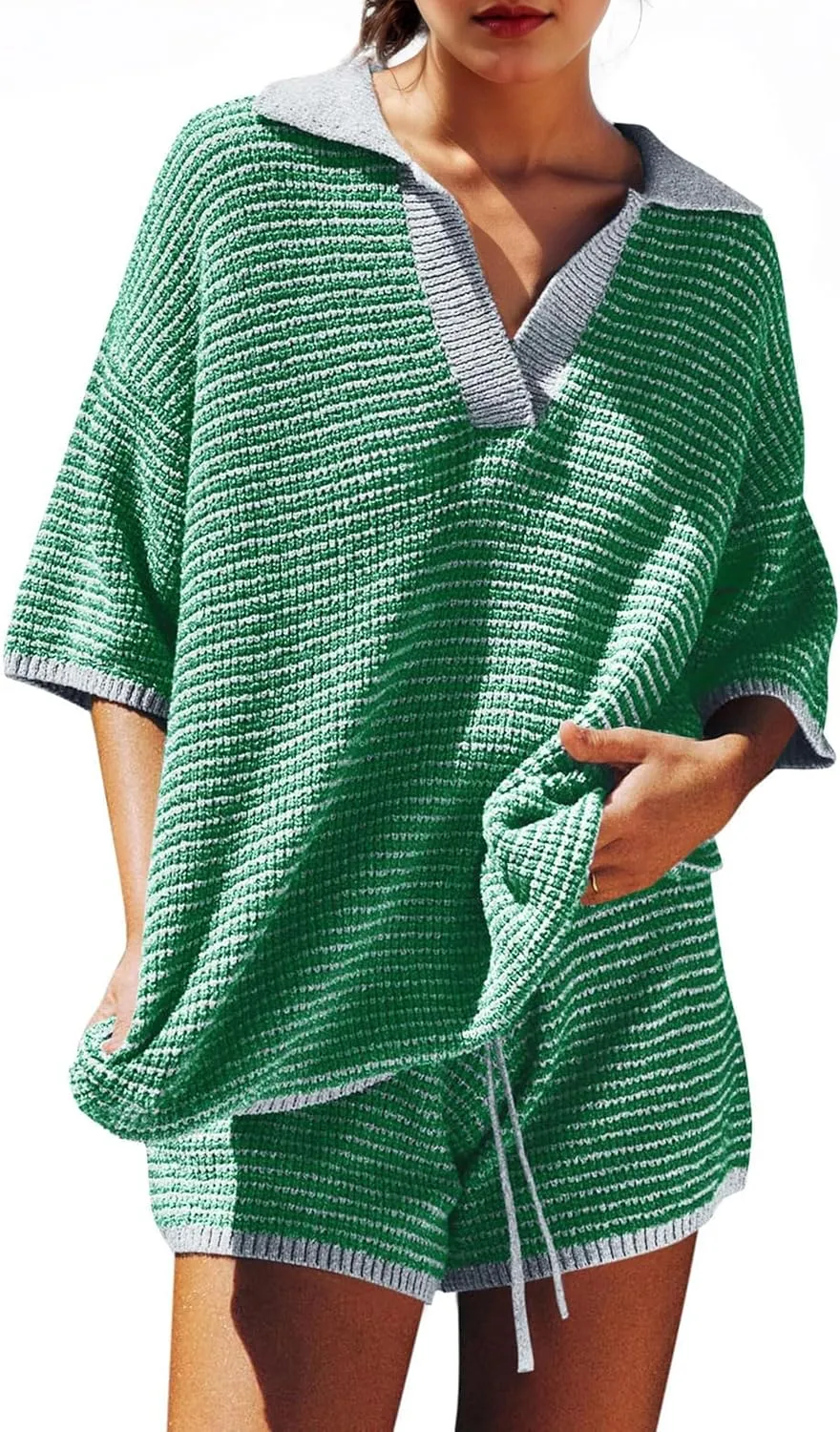 MISSACTIVER Women Sweater 2 Piece Outfits Striped Half Sleeve V Neck Knit Oversized Tops Shorts Matching Lounge Set