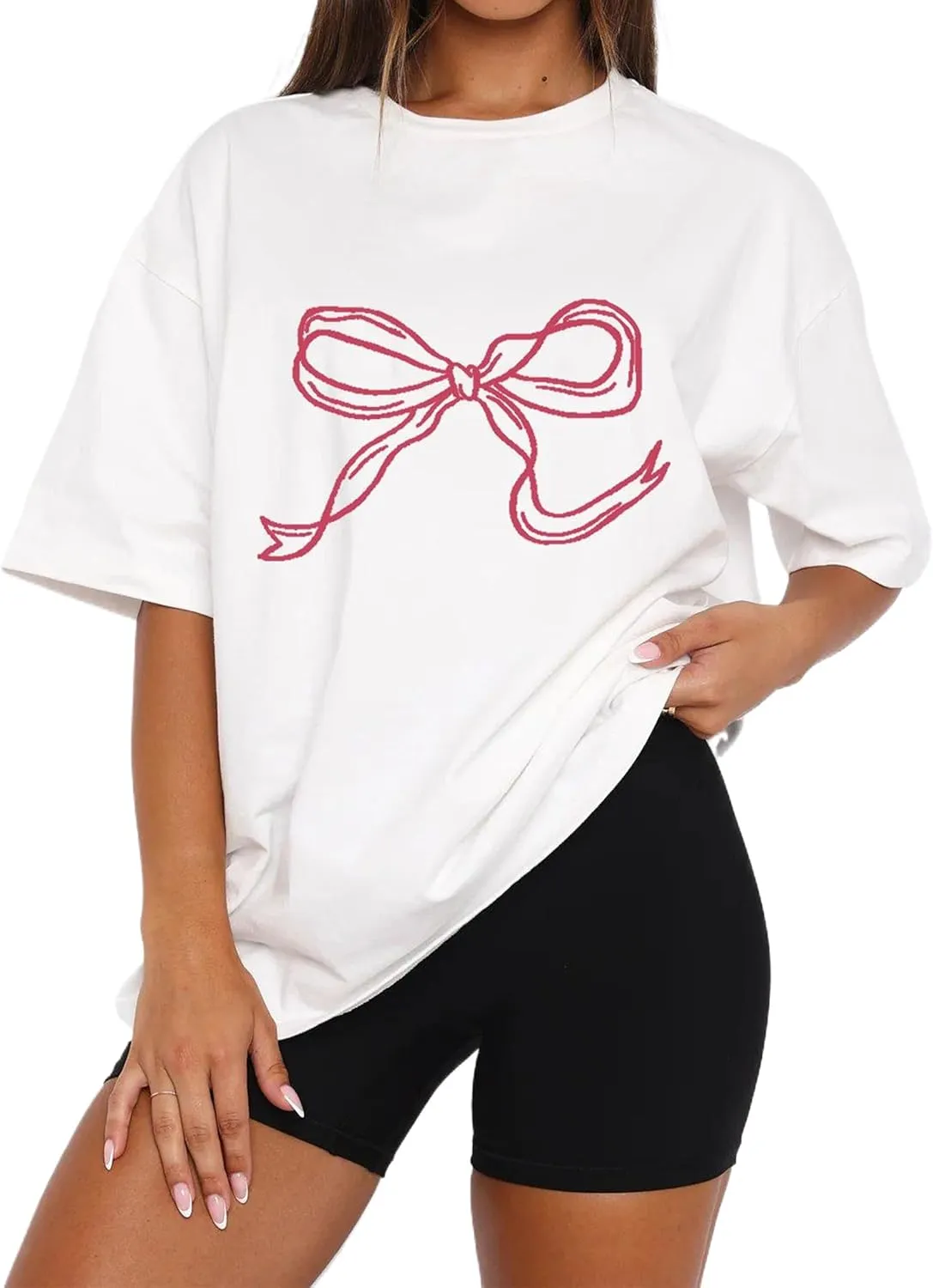 MISSACTIVER Womens Oversized Bow Graphic T-Shirt Drop Shoulder Short Sleeve Graphics Tee Shirt Casual Outfit Going Out Top
