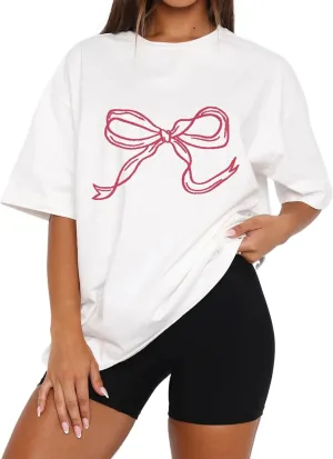 MISSACTIVER Womens Oversized Bow Graphic T-Shirt Drop Shoulder Short Sleeve Graphics Tee Shirt Casual Outfit Going Out Top