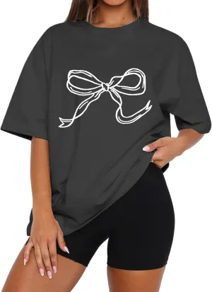 MISSACTIVER Women’s Oversized Bow Graphic T-Shirt Drop Shoulder Short Sleeve Graphics Tee Shirt Casual Outfit Going Out Top