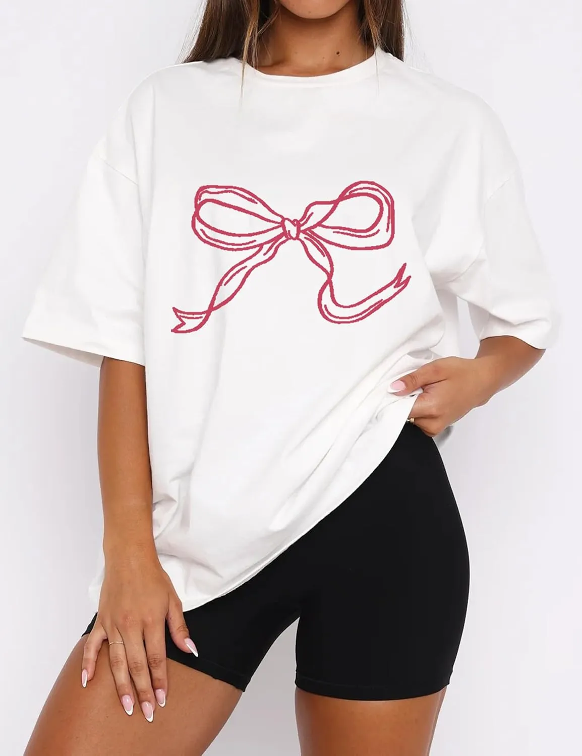 MISSACTIVER Womens Oversized Bow Graphic T-Shirt Drop Shoulder Short Sleeve Graphics Tee Shirt Casual Outfit Going Out Top