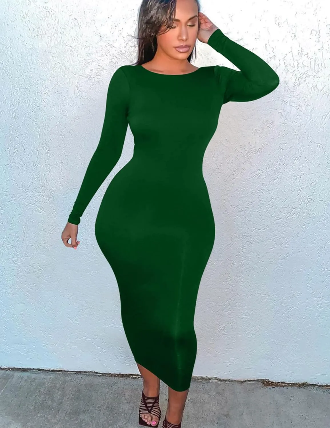 Mokoru Women's Casual Bodycon Long Sleeve Sexy Tight Club Party Midi Pencil Dresses