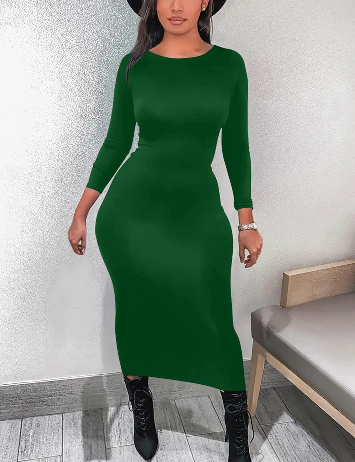 Mokoru Women's Casual Bodycon Long Sleeve Sexy Tight Club Party Midi Pencil Dresses