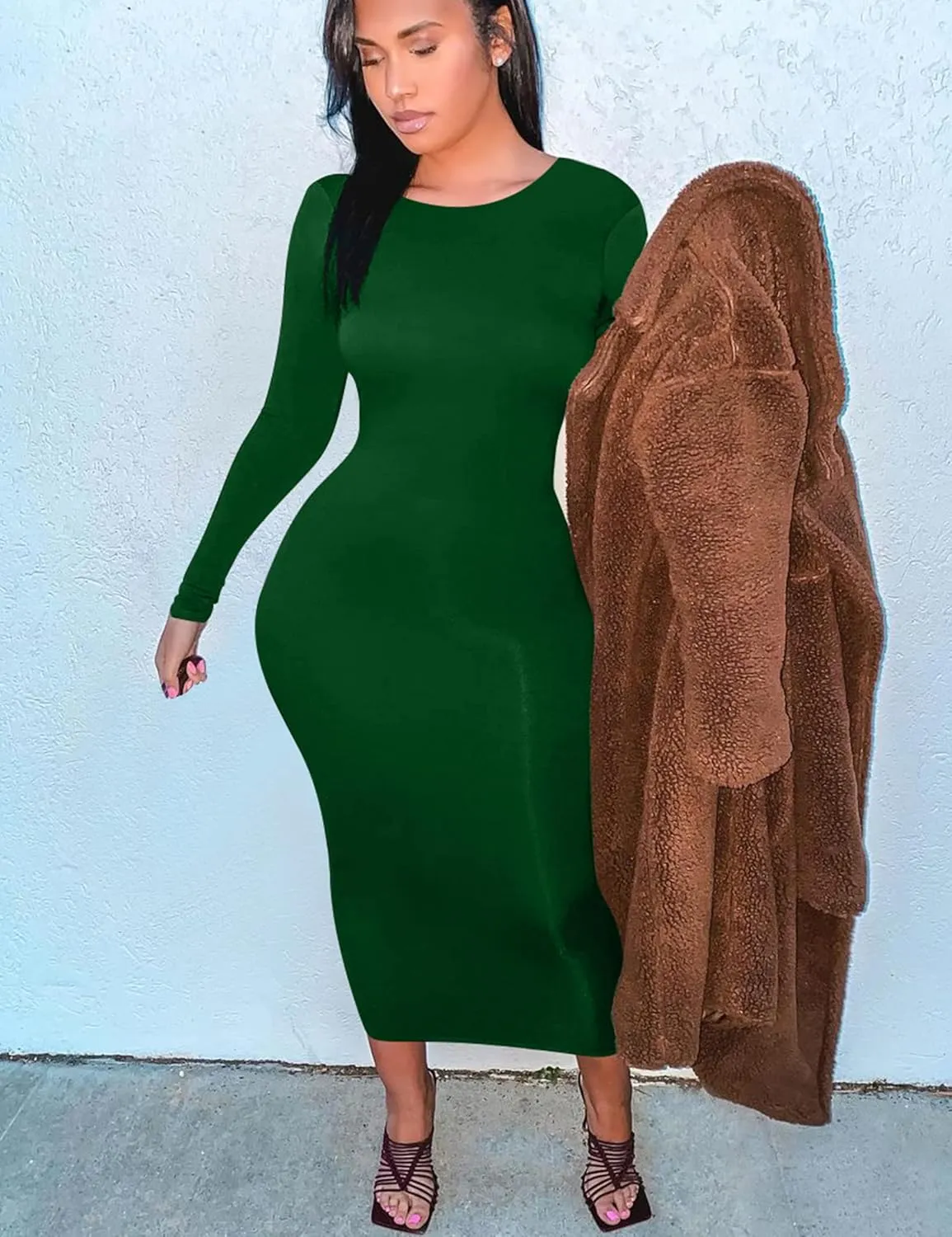 Mokoru Women's Casual Bodycon Long Sleeve Sexy Tight Club Party Midi Pencil Dresses