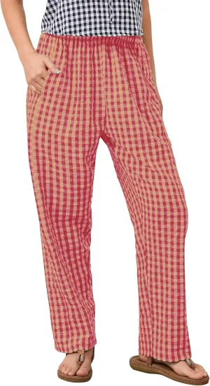 OLAPTA Women Plaid Print Gingham Comfy Lounge Pants Wide Leg Mid Rise Elastic Waist Loose Casual Long Trousers with Pockets