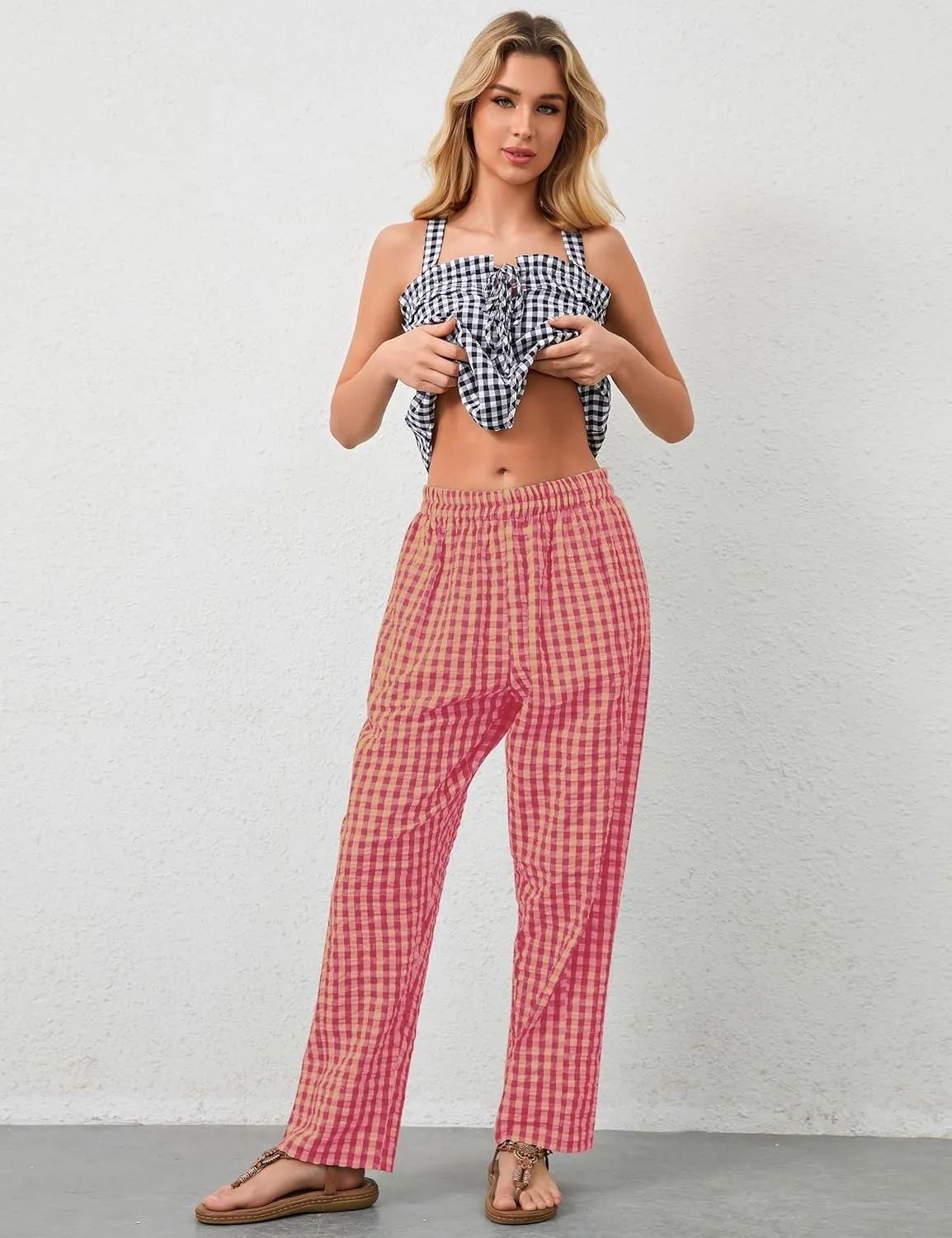 OLAPTA Women Plaid Print Gingham Comfy Lounge Pants Wide Leg Mid Rise Elastic Waist Loose Casual Long Trousers with Pockets