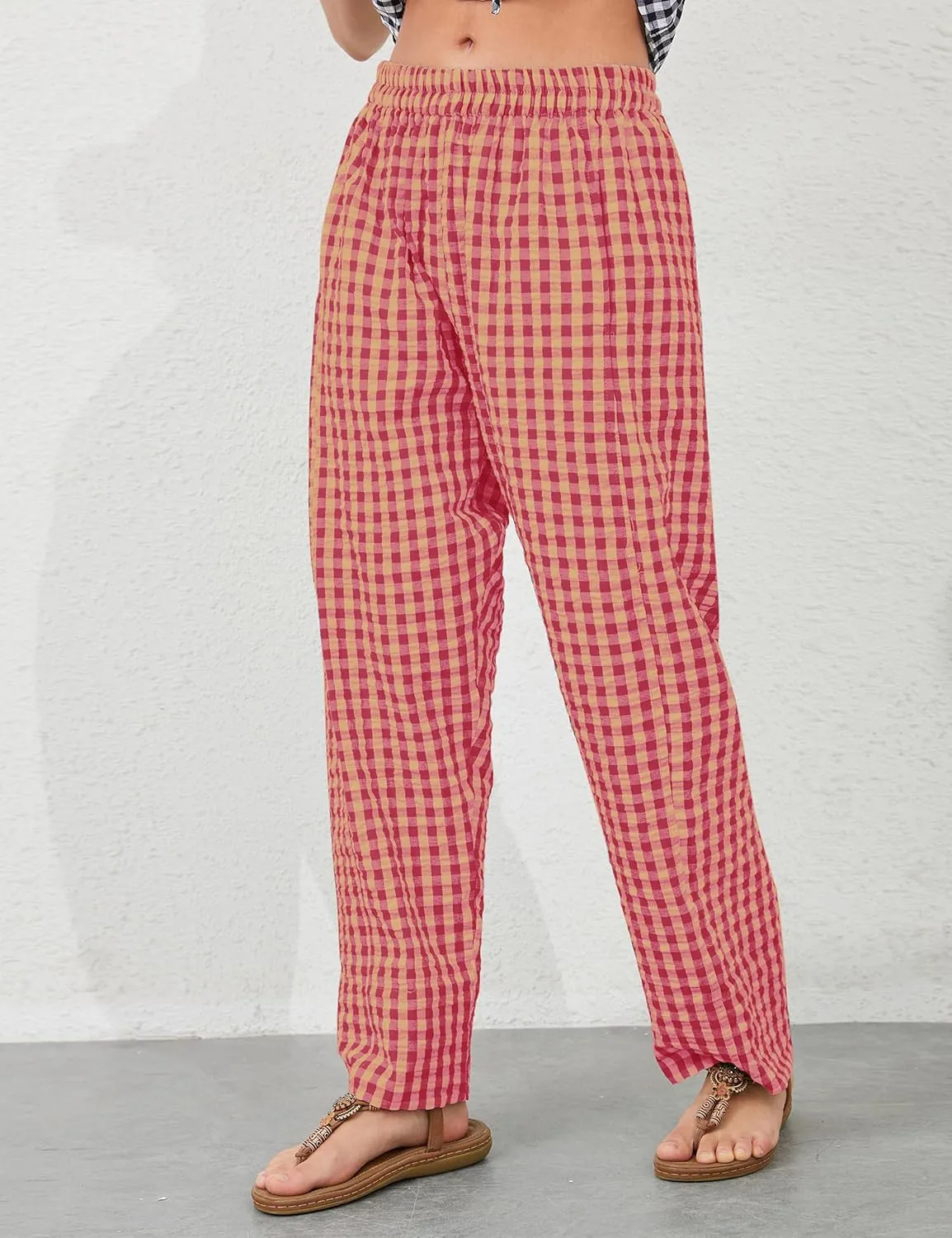 OLAPTA Women Plaid Print Gingham Comfy Lounge Pants Wide Leg Mid Rise Elastic Waist Loose Casual Long Trousers with Pockets