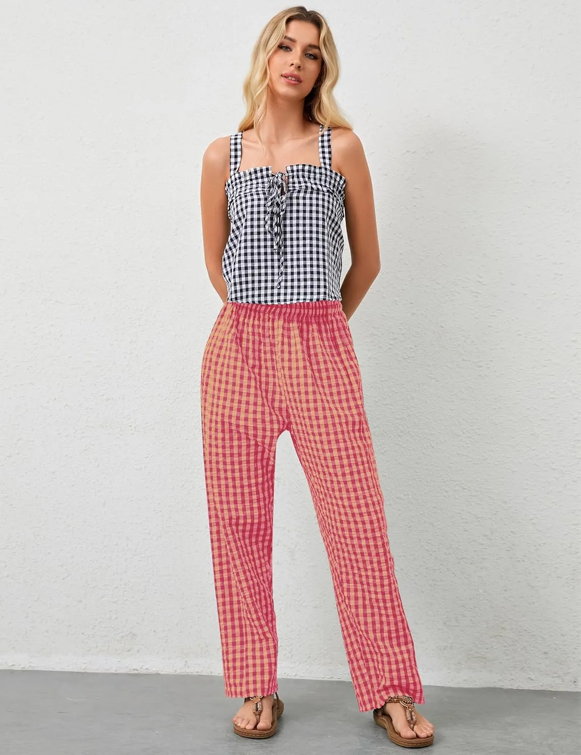 OLAPTA Women Plaid Print Gingham Comfy Lounge Pants Wide Leg Mid Rise Elastic Waist Loose Casual Long Trousers with Pockets
