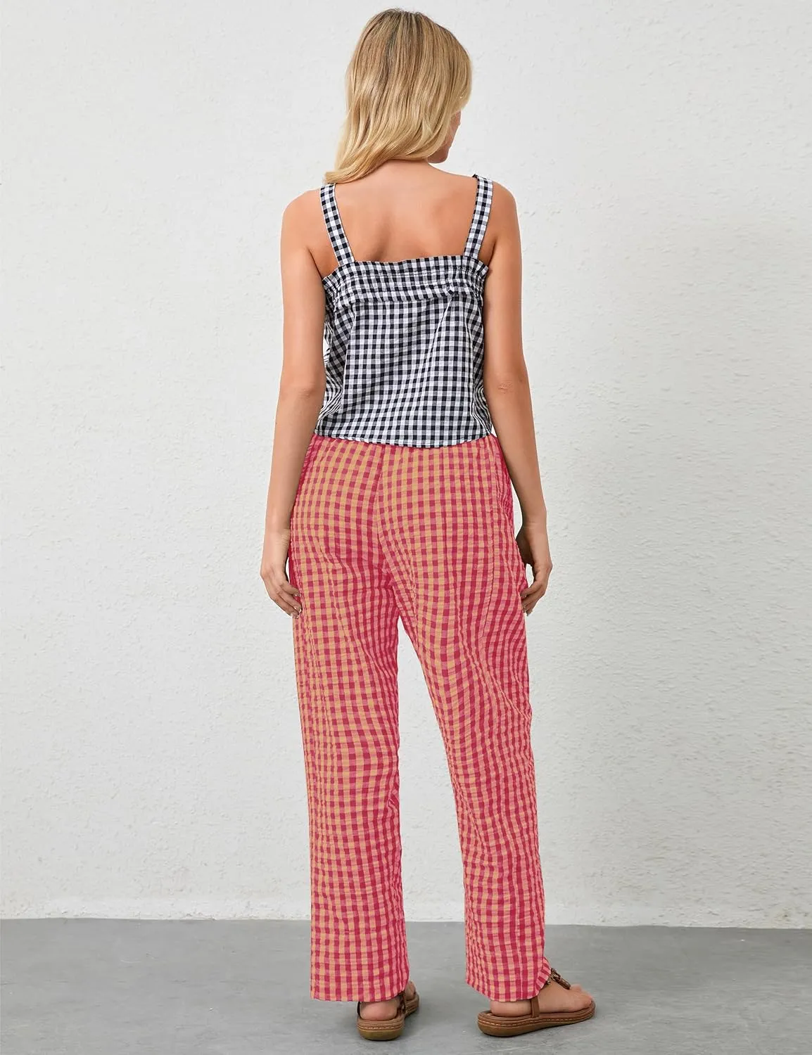 OLAPTA Women Plaid Print Gingham Comfy Lounge Pants Wide Leg Mid Rise Elastic Waist Loose Casual Long Trousers with Pockets