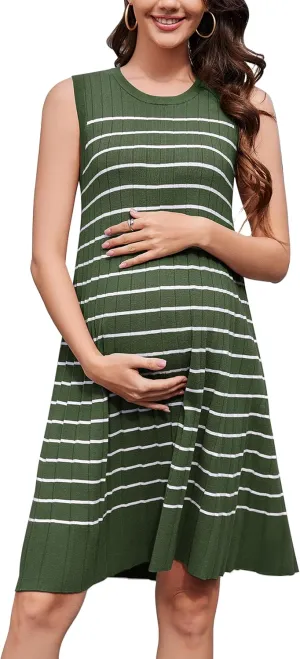 OUGES Women's 2025 Spring Maternity Dress Business Casual Outfits Pleated Sleeveless Crew Neck Ribbed Knit Short Dress