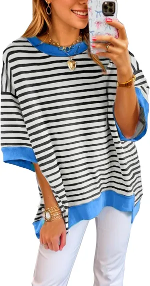 Oversized T Shirts for Women Casual Short Sleeve Striped Knit Shirt Crewneck Sweatshirts High Low Loose Blouse Tops