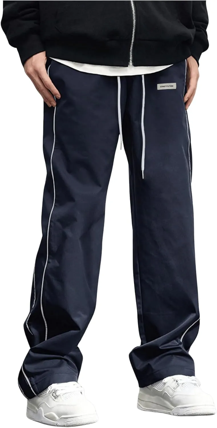 OYOANGLE Men's Letter Patched Drawstring Waisted Cargo Pants Seam Side Loose Fit Sports Joggers