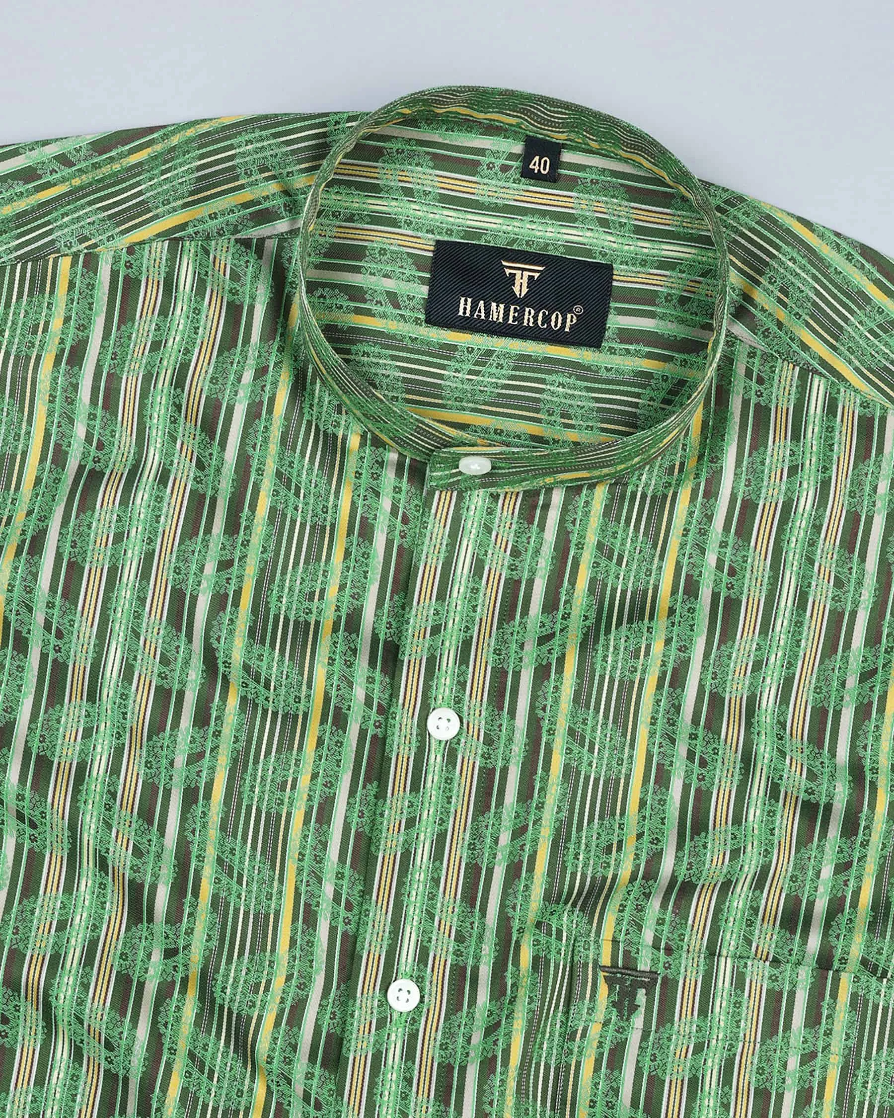 Parakeet Green With Jacquard Paisley Printed Stripe Cotton Shirt