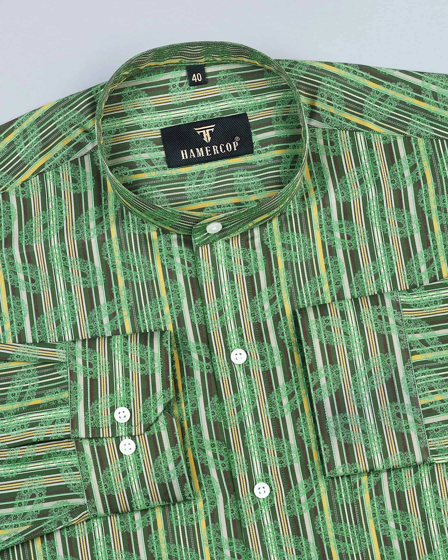 Parakeet Green With Jacquard Paisley Printed Stripe Cotton Shirt
