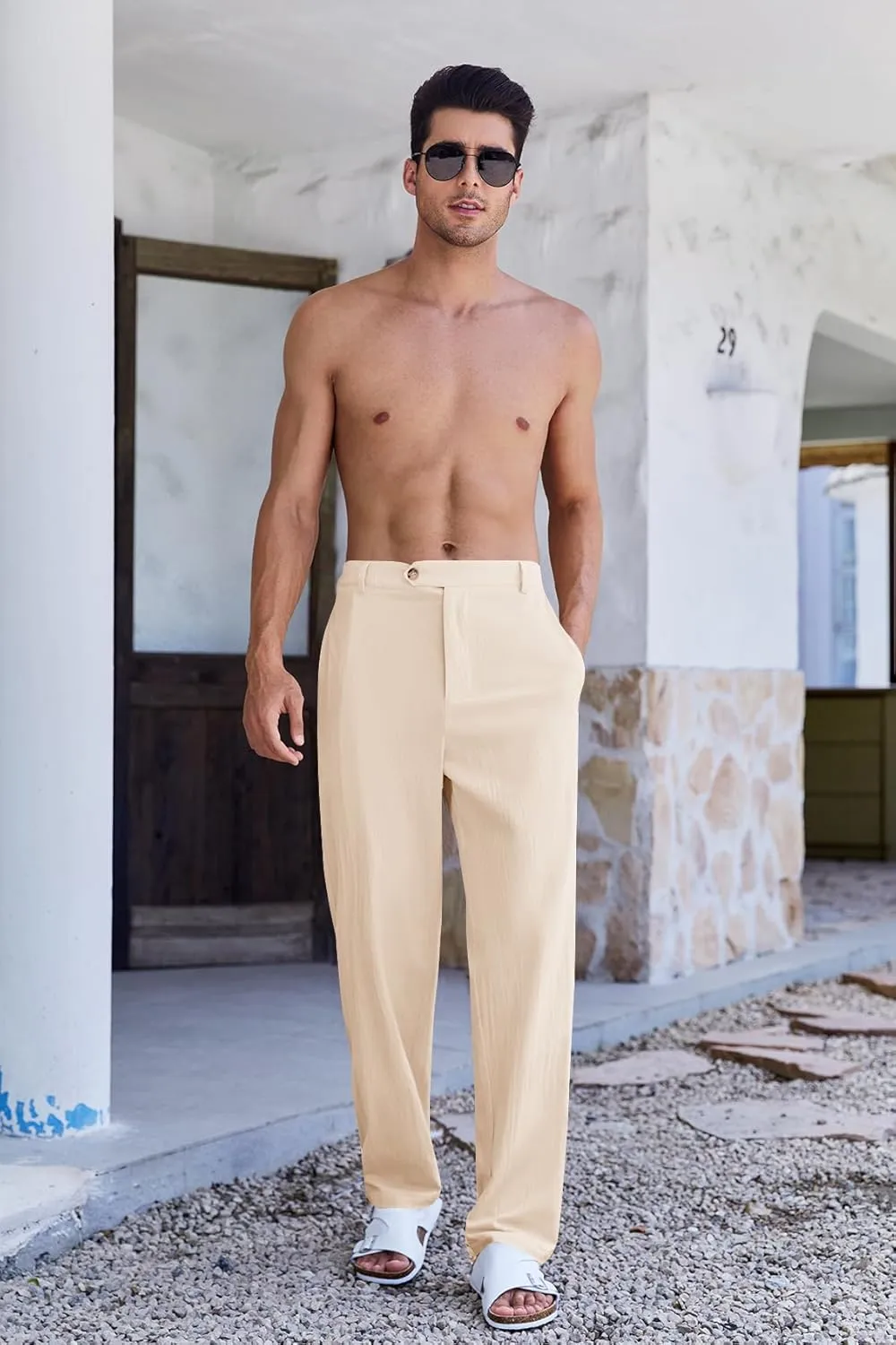 PASLTER Mens Cotton Linen Loose Pant Casual Lightweight Flat-Front Trouser Yoga Beach Pants for Men