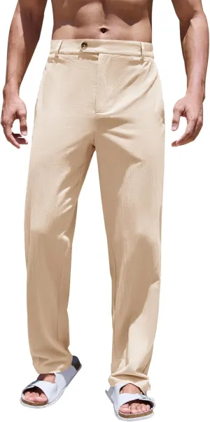 PASLTER Mens Cotton Linen Loose Pant Casual Lightweight Flat-Front Trouser Yoga Beach Pants for Men