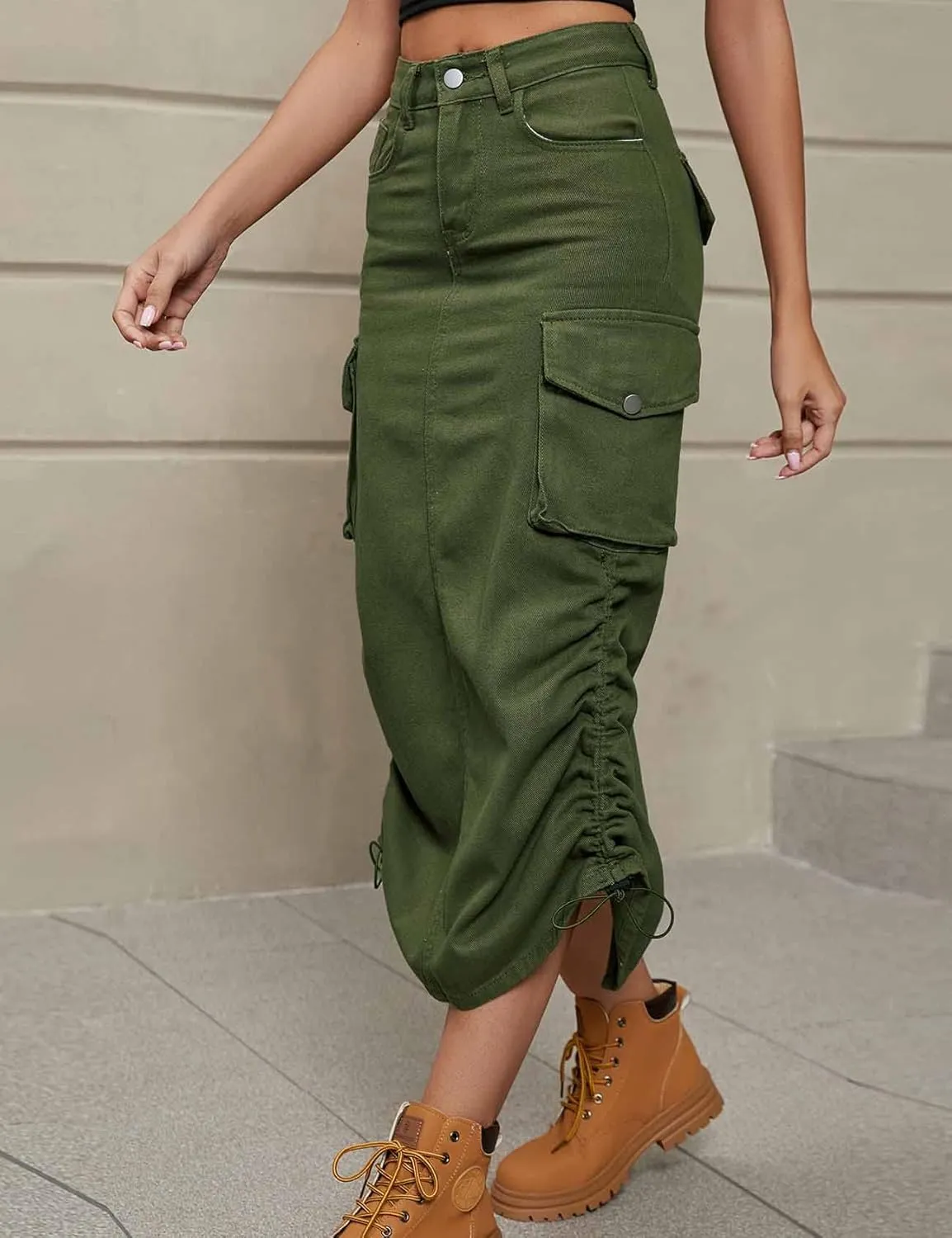 Perbai Women's Y2K Cargo Skirt High Waisted Side Drawstring Ruched Midi Denim Skirt with Pockets
