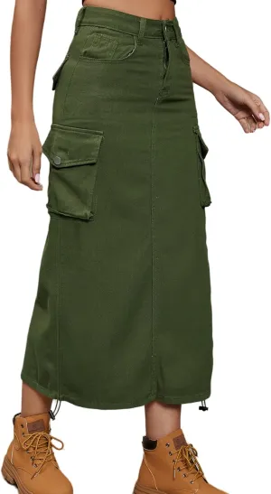 Perbai Women's Y2K Cargo Skirt High Waisted Side Drawstring Ruched Midi Denim Skirt with Pockets