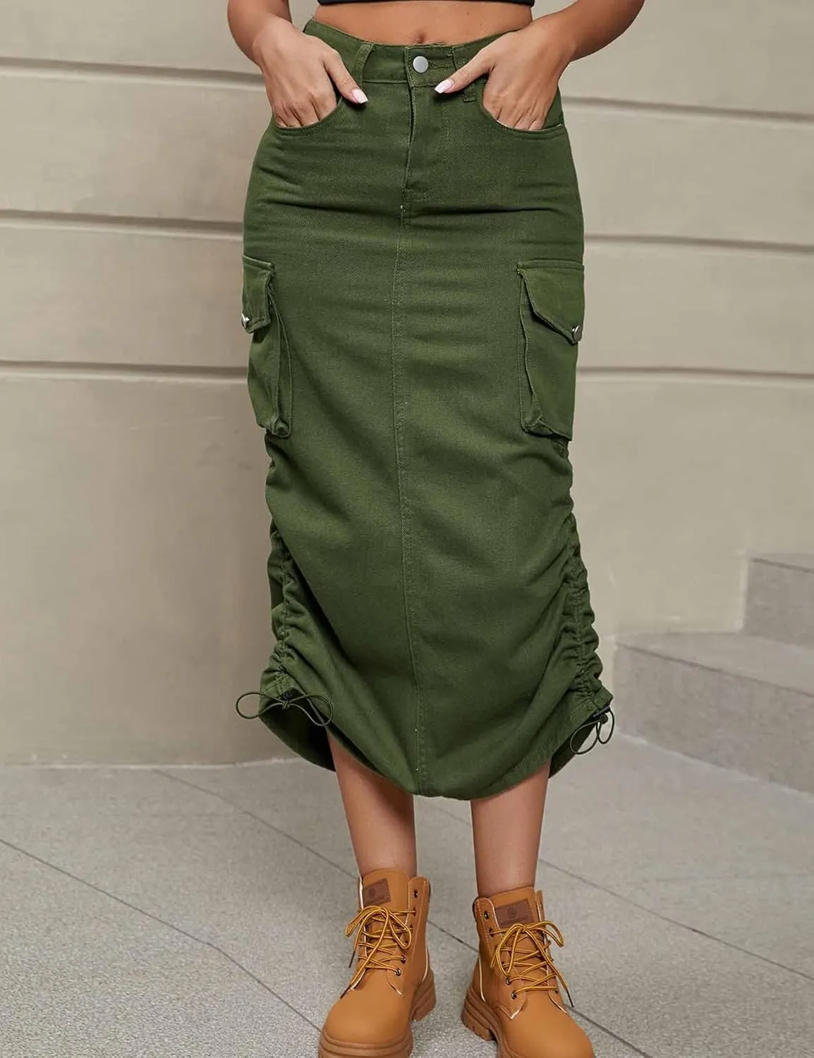 Perbai Women's Y2K Cargo Skirt High Waisted Side Drawstring Ruched Midi Denim Skirt with Pockets