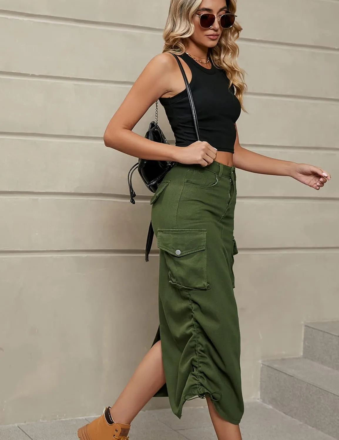 Perbai Women's Y2K Cargo Skirt High Waisted Side Drawstring Ruched Midi Denim Skirt with Pockets