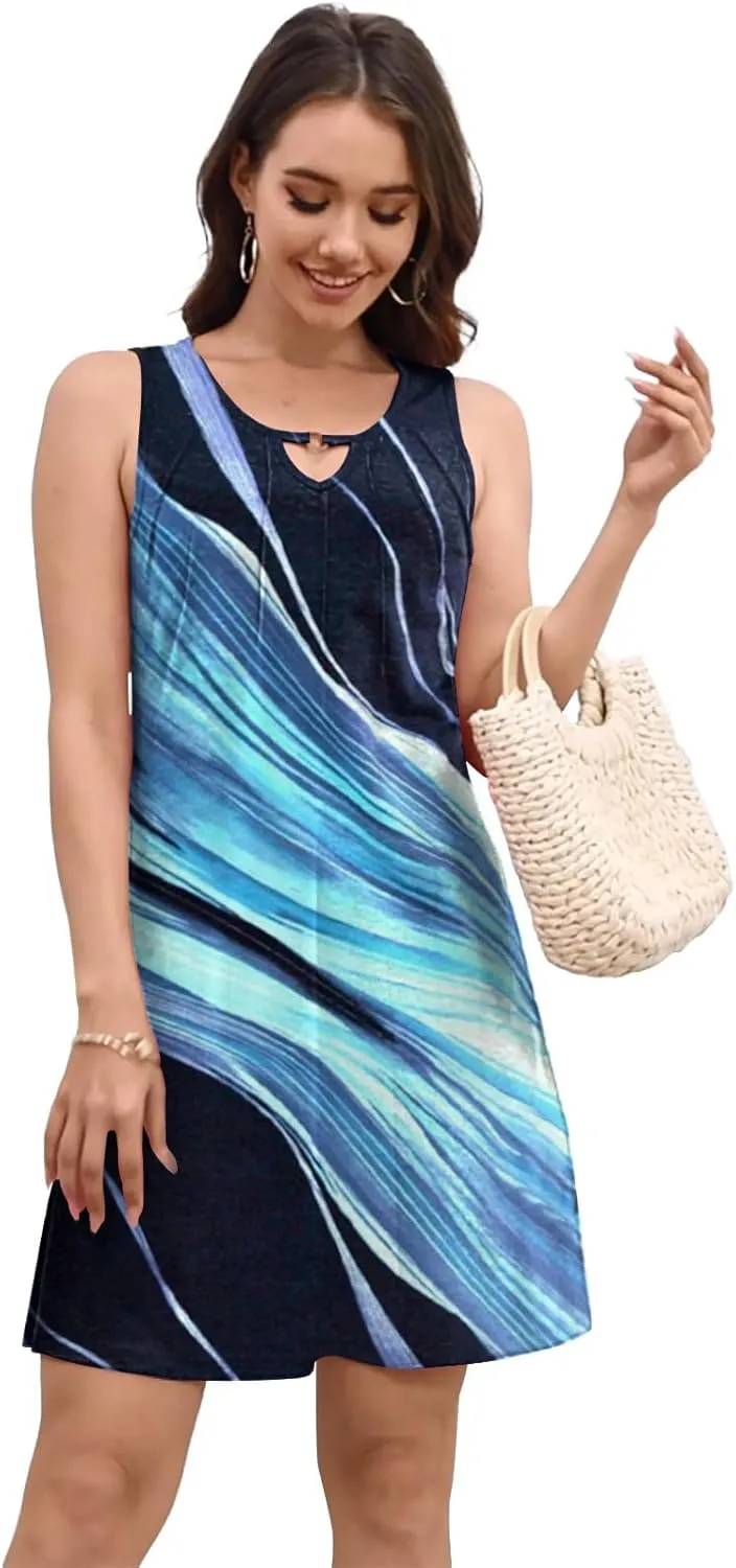 Pleated Front Summer Dresses for Women 2025 Casual Beach Floral Print Sundress Boho Tank Dress