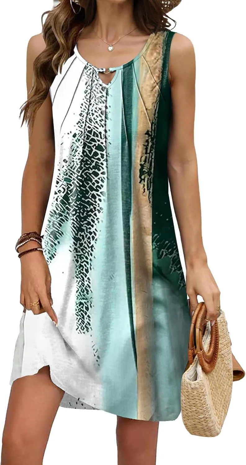 Pleated Front Summer Dresses for Women 2025 Casual Beach Floral Print Sundress Boho Tank Dress