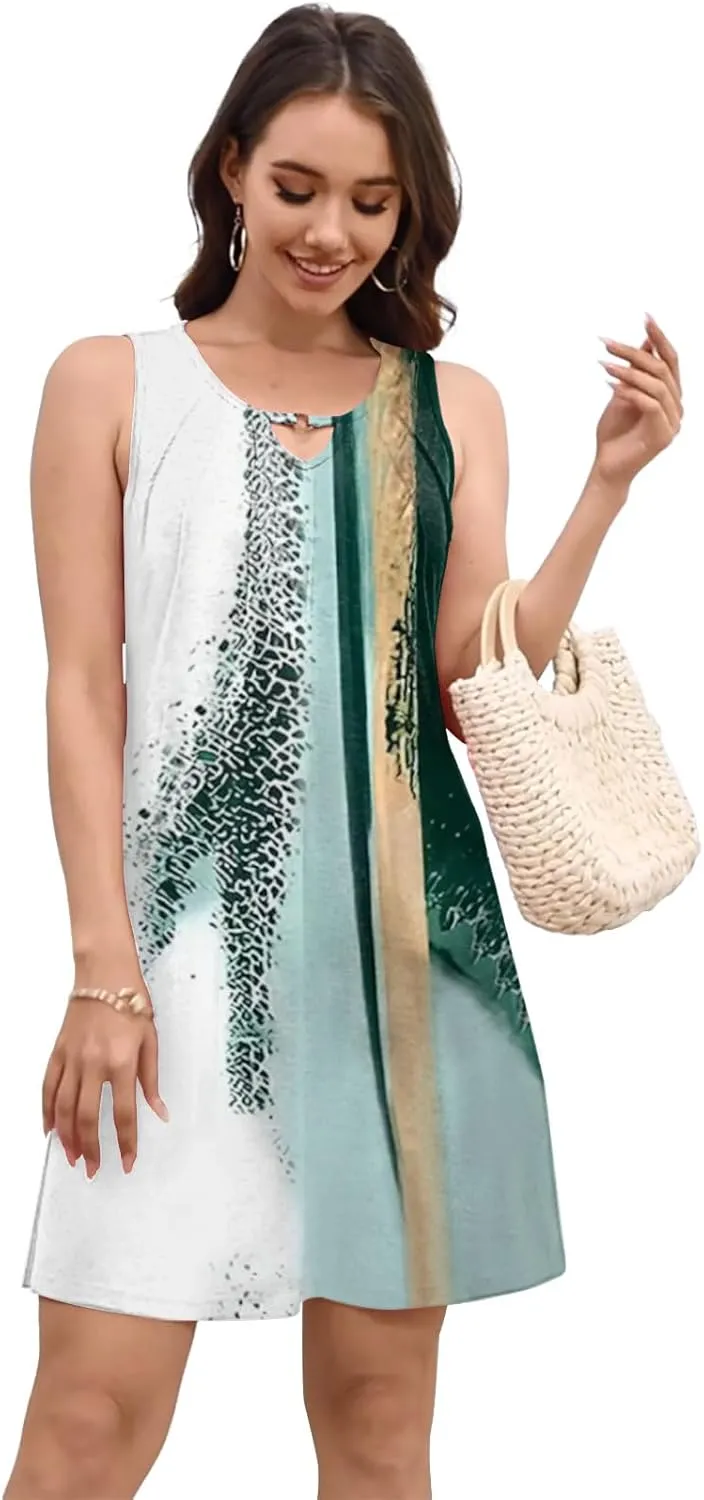 Pleated Front Summer Dresses for Women 2025 Casual Beach Floral Print Sundress Boho Tank Dress