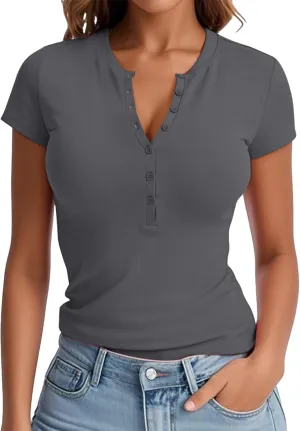 Prettywear Womens 2025 Summer Casual Basic Tops Short Sleeve V Neck Fitted Button Up Henley Shirts