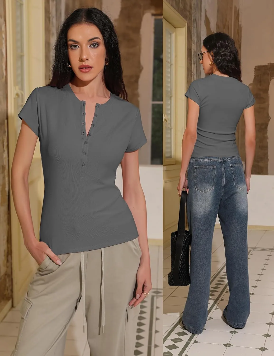 Prettywear Womens 2025 Summer Casual Basic Tops Short Sleeve V Neck Fitted Button Up Henley Shirts