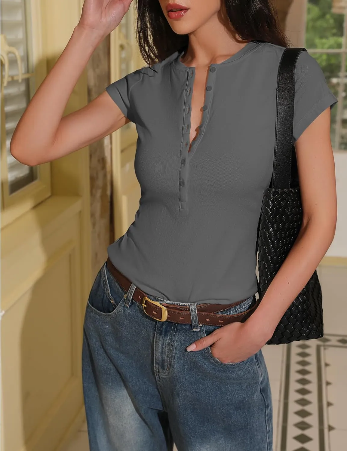 Prettywear Womens 2025 Summer Casual Basic Tops Short Sleeve V Neck Fitted Button Up Henley Shirts