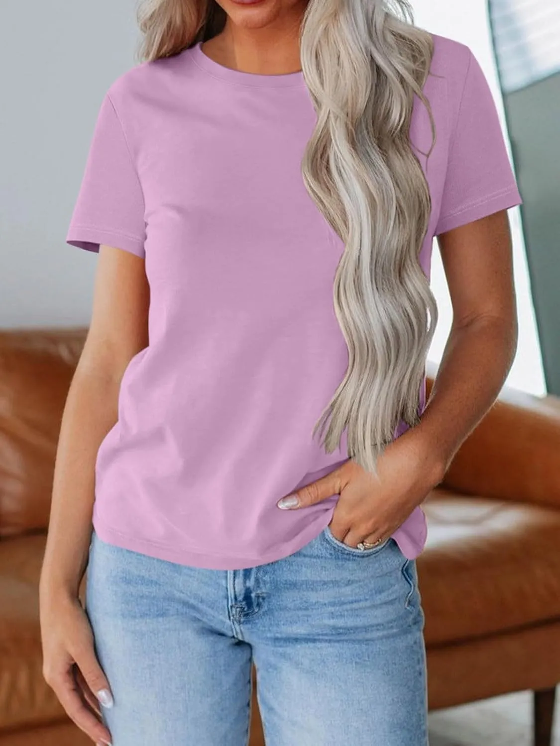 REORIA Womens Summer Crewneck Short Sleeve Cotton Tunic Tops Loose Fit Solid T Shirts 2025 Basic Tees
