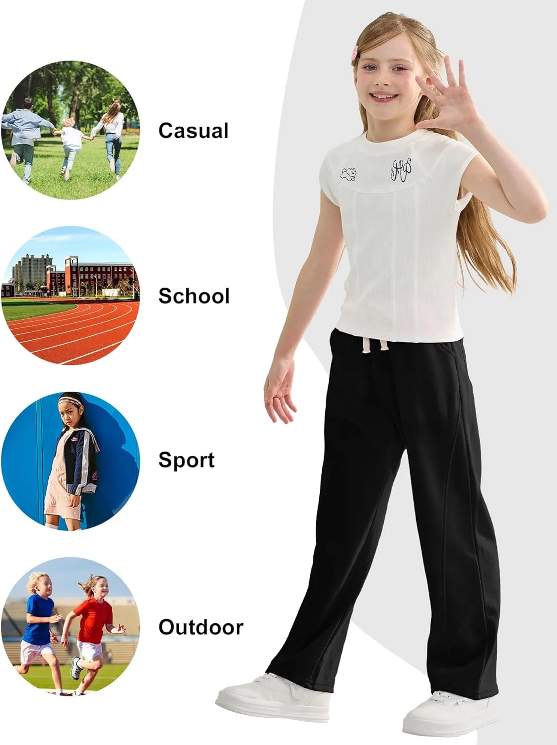 Rolanko Girls Wide Leg Sweatpants Straight Pants for Kids Girls Trousers with Pockets Sweats