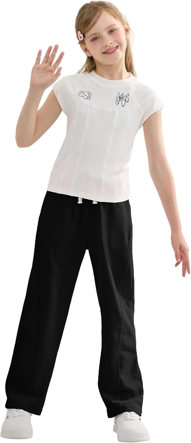 Rolanko Girls Wide Leg Sweatpants Straight Pants for Kids Girls Trousers with Pockets Sweats
