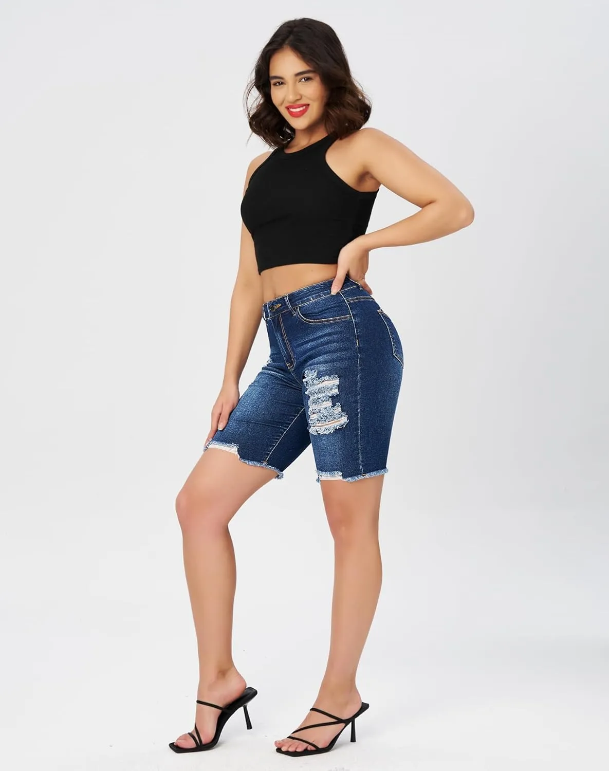 roswear Women's High Waisted Stretchy Denim Bermuda Shorts Ripped Casual Summer Jean Shorts