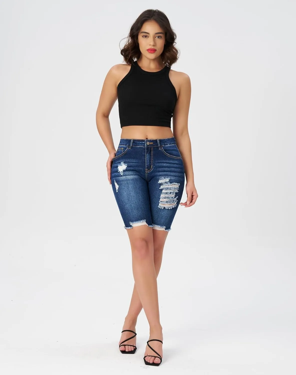 roswear Women's High Waisted Stretchy Denim Bermuda Shorts Ripped Casual Summer Jean Shorts