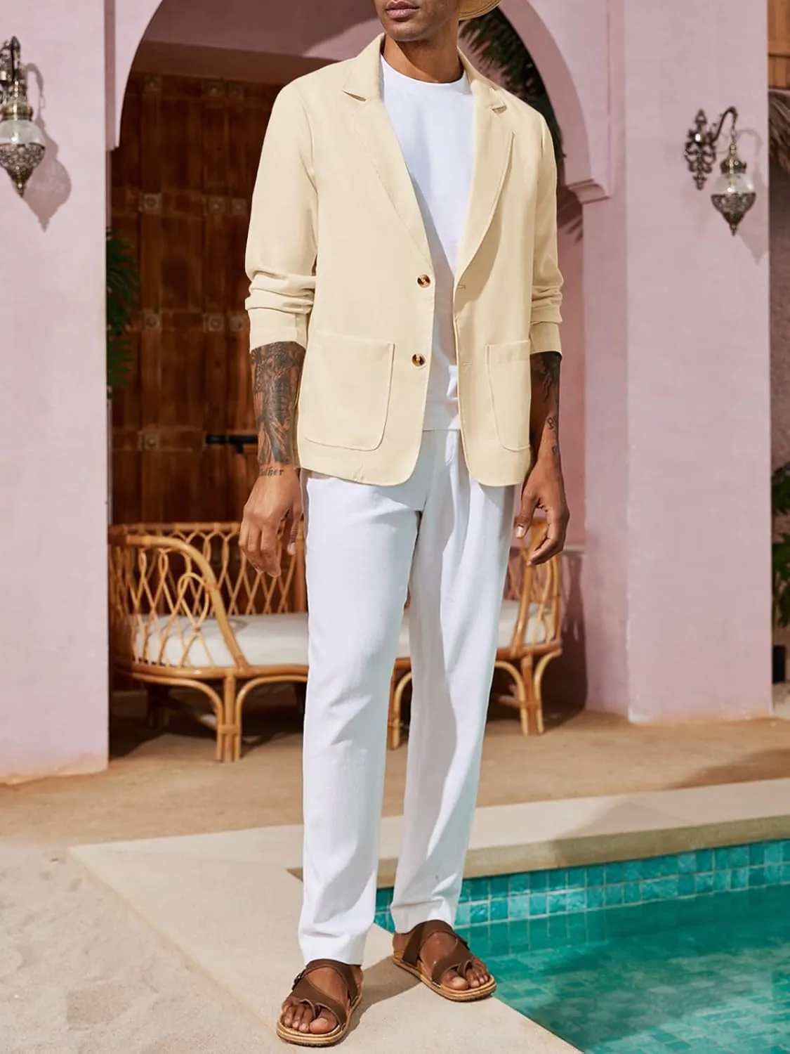 Runcati Mens Casual Linen Blazer Suit Jacket Two Button Slim Fit Lightweight Business Sport Coats